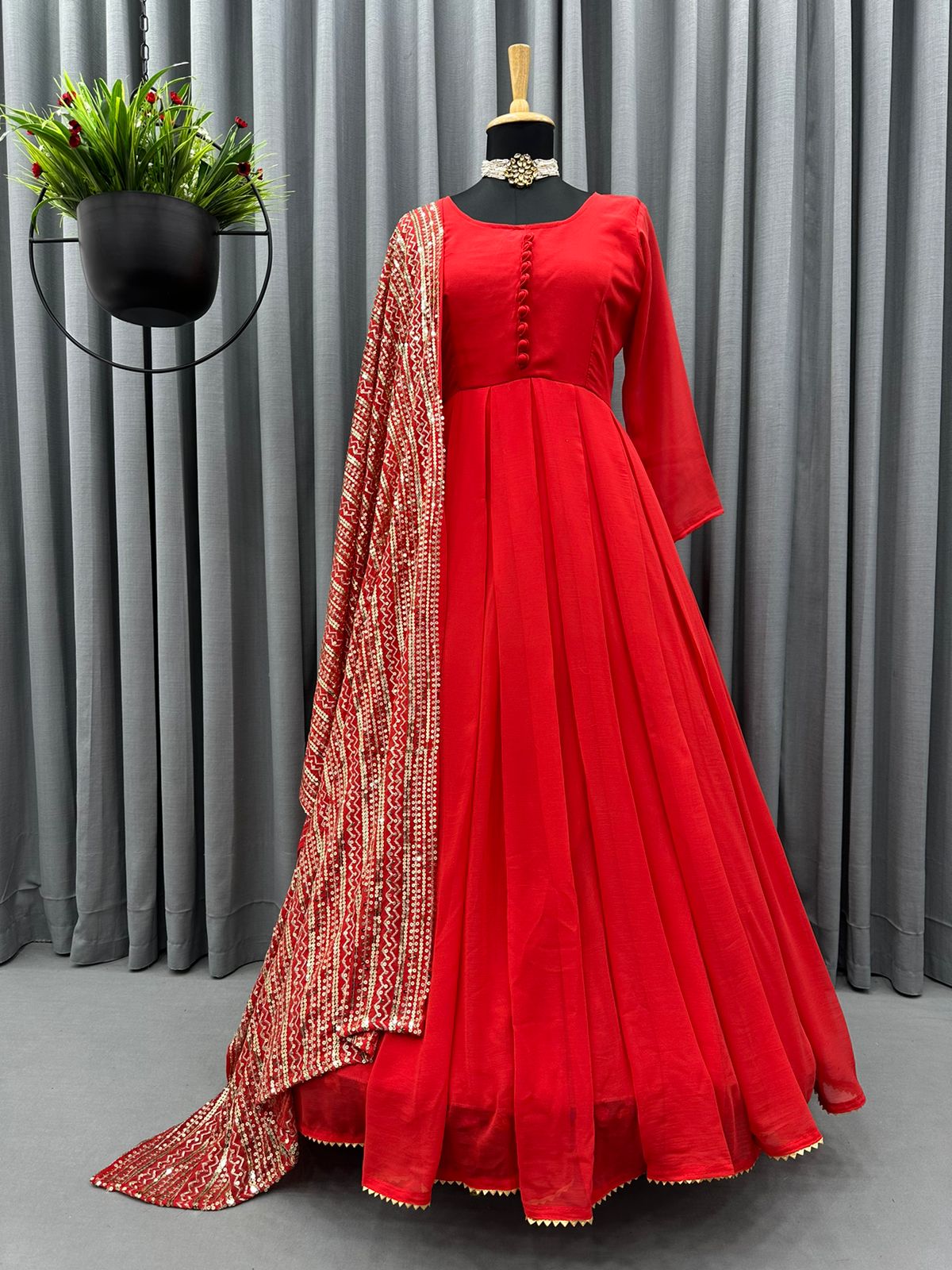 Ethnic Gowns | 3 Piece Set. (Plain Gown With A Heavy Work Open Coat Abd A  Dupatta) Dark Red. Beautiful. Long. Traditional. Heavy Work | Freeup